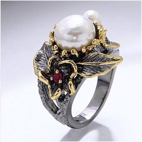 NEW Italian Jewelry Gold Flower Pearl Ring - Picture 4 of 14